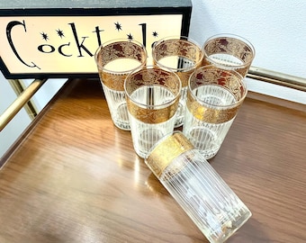 6 Culver Tyrol Highball Glasses, 1960's Culver 22k Gold Encrusted Barware, Mid Century Modern, Hollywood Regency Culver Cocktail Glasses