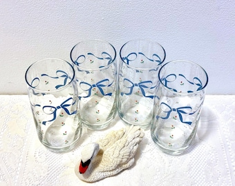 4 Libbey Blue Ribbon Tumblers, Blue Bows and Roses 16 Ounce Coolers
