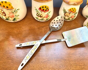 Vintage Serving Spoon and Spatula, Pair Vegetable Motif Plastic Handled Utensils, Vegetable Design Slotted Spoon & Vegetable Design Spatula