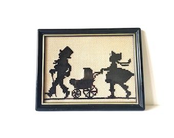 Victorian Couple With Baby Carriage Silhouette Completed Framed Cross Stitch