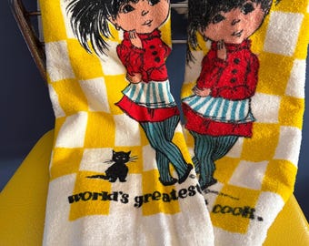 Two 1970s World's Greatest Cook Kitchen Towels, Yellow & White Checks With Black Haired Girl and Black Siamese Cat Hand Towels