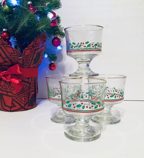 8 Vintage Arby/'s Libbey Christmas Holiday Holly /& Berry Glass Goblets Gold Rim