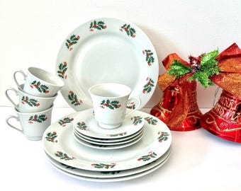 Alco Holiday 12 Piece Christmas Dinnerware Set,  Alco Holly & Berry Christmas Dish Set, Service For 4 Christmas Dinnerware