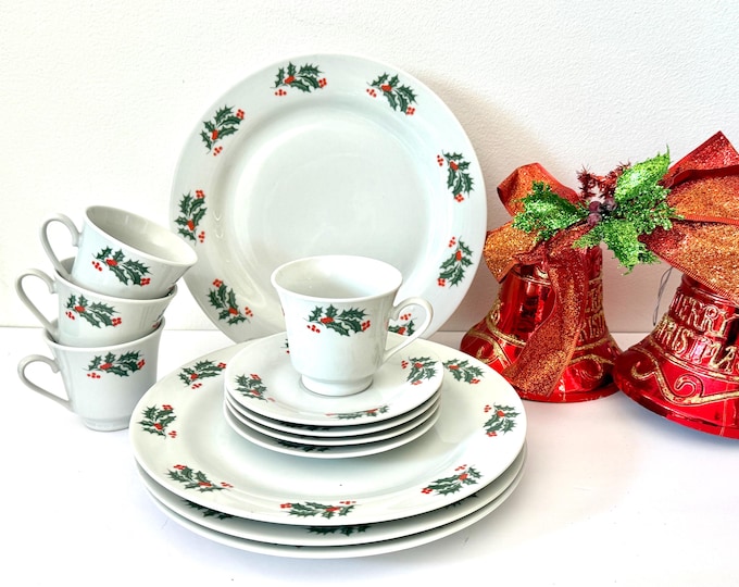 Featured listing image: Alco Holiday 12 Piece  Holly & Berry Christmas Dinnerware Set Service For 4