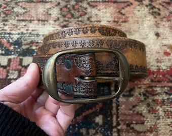 Vintage Western Tooled Leather Belt Size 34 – Brown Strap  Brass Buckle
