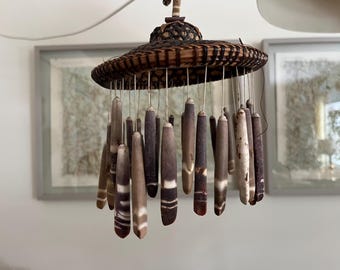 Vintage Wicker and Stone Wind Chime – Round Hanging Cottage Garden Decor