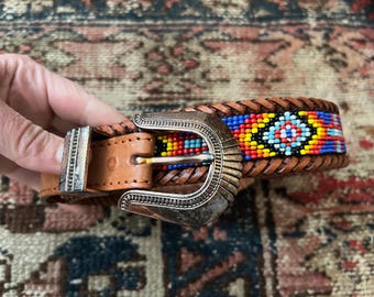 Vintage Boho Beaded Belt  Buckle Hippie Bohemian Hand Beaded Flower Belt Buckle Brass. Blue  main image 4