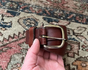 Vintage 90s Woolrich Brown Saddle Leather Belt Simple Classic Square Brass Buckle Made in USA