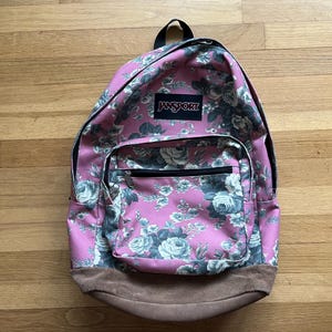 Vintage 90s JanSport Floral Backpack – Pink with Suede Leather Bottom 18 Inch