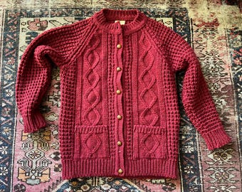 Vintage Irish Wool Cardigan – Red Aran Knit Sweater by Falcarragh Made in Ireland