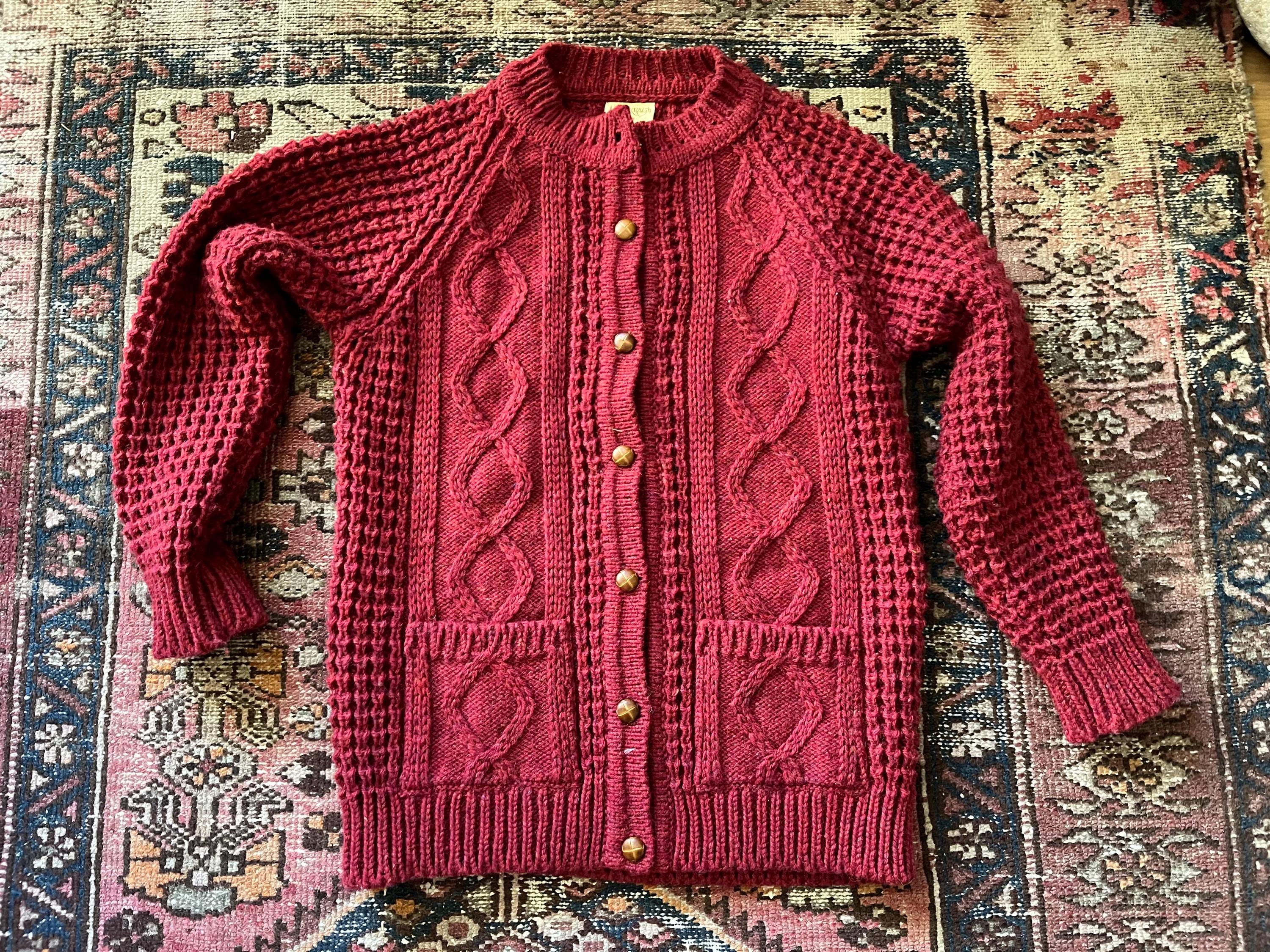 カーディガン INVERALLAN - Ireland vintage fisherman aran cardigan Vintage Irish Wool Fisherman Cardigan – Red Aran Knit Sweater Made