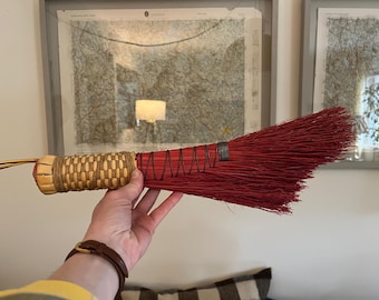 Vintage Handmade Red Hand Broom – Woven Fiber Wall Decor Rustic Utility Brush 15 Inch