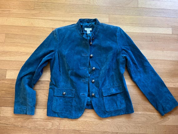 Vintage Blue Suede Leather Jacket – Ornate Silver Button Front