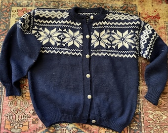 Vintage Handmade Wool Cardigan Sweater – Navy Nordic Snowflake Knit Button Front Womens M L Mens S
