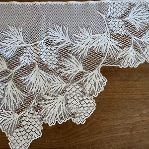 May include: White lace trim featuring a detailed pine cone and branch design. The lace has a scalloped edge and a delicate, open weave pattern. This trim is suitable for various craft and sewing projects.