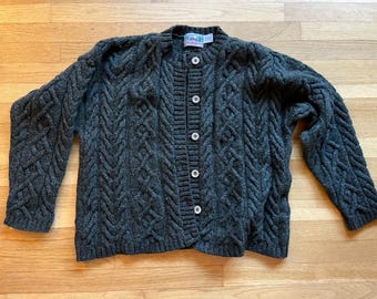 Vintage Forest Green Wool Alpaca Cardigan – Cable Knit Aran Style Sweater Womens Medium