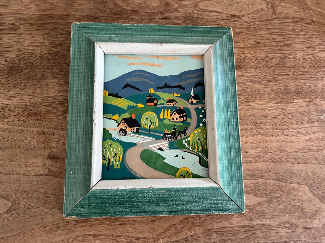 Vintage Folk Art Framed Painting – Americana Village Scene With Horse ...