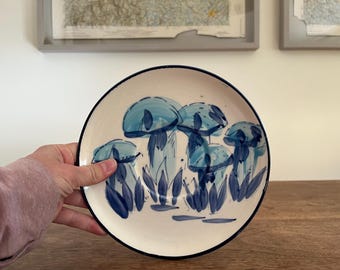 Vintage Blue and White Mushroom Plate 7 Inch – Small Ceramic Wall Decor Hand Painted Style