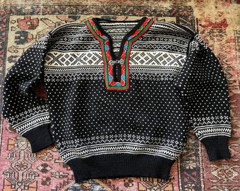 Vintage Nordic Wool Sweater Mens Small Womens Medium — Scandinavian Ski Pullover Folk Embroidered Black Birdseye Knit Cozy Winter Jumper