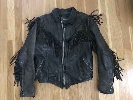 Vintage fringe black leather jacket / boho stateme