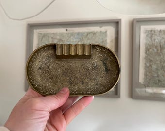 Vintage Brass Floral Trinket Dish – Etched Indian Brass Small Vessel
