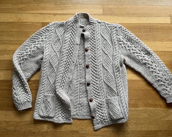 Vintage Irish Wool Cardigan – Taupe Cable Knit Aran Fisherman Sweater Womens Small