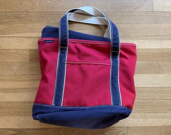 Vintage Canvas Tote Bag – Red and Navy Zippered Carryall 90s Style Utility Tote