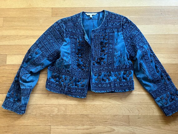 Vintage Indigo Embroidered Cotton Jacket – 1990s Cropped Artisan Jacket