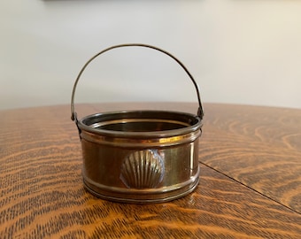 Vintage Brass Shell Motif Vessel 4 Inch – Small Round Brass Container with Handle