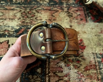 Vintage 1970 Rustic Tan suede Leather brass buckle classic western belt wide Vintage Soft Woven Brown Leather Western Belt Brass Buckle  main image 2