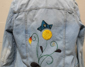 Boho upcycled embroidered denim jacket