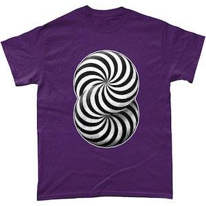 May include: Purple t-shirt with a black and white optical illusion design of two overlapping circles with a swirling pattern.
