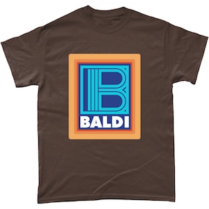 May include: A brown t-shirt with a blue and orange graphic of the letter "B" inside a rectangle with the word "BALDI" underneath.