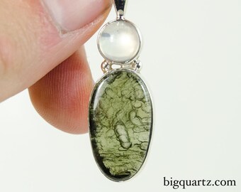Moldavite and Moonstone Pendant (Sterling Silver, #9463)