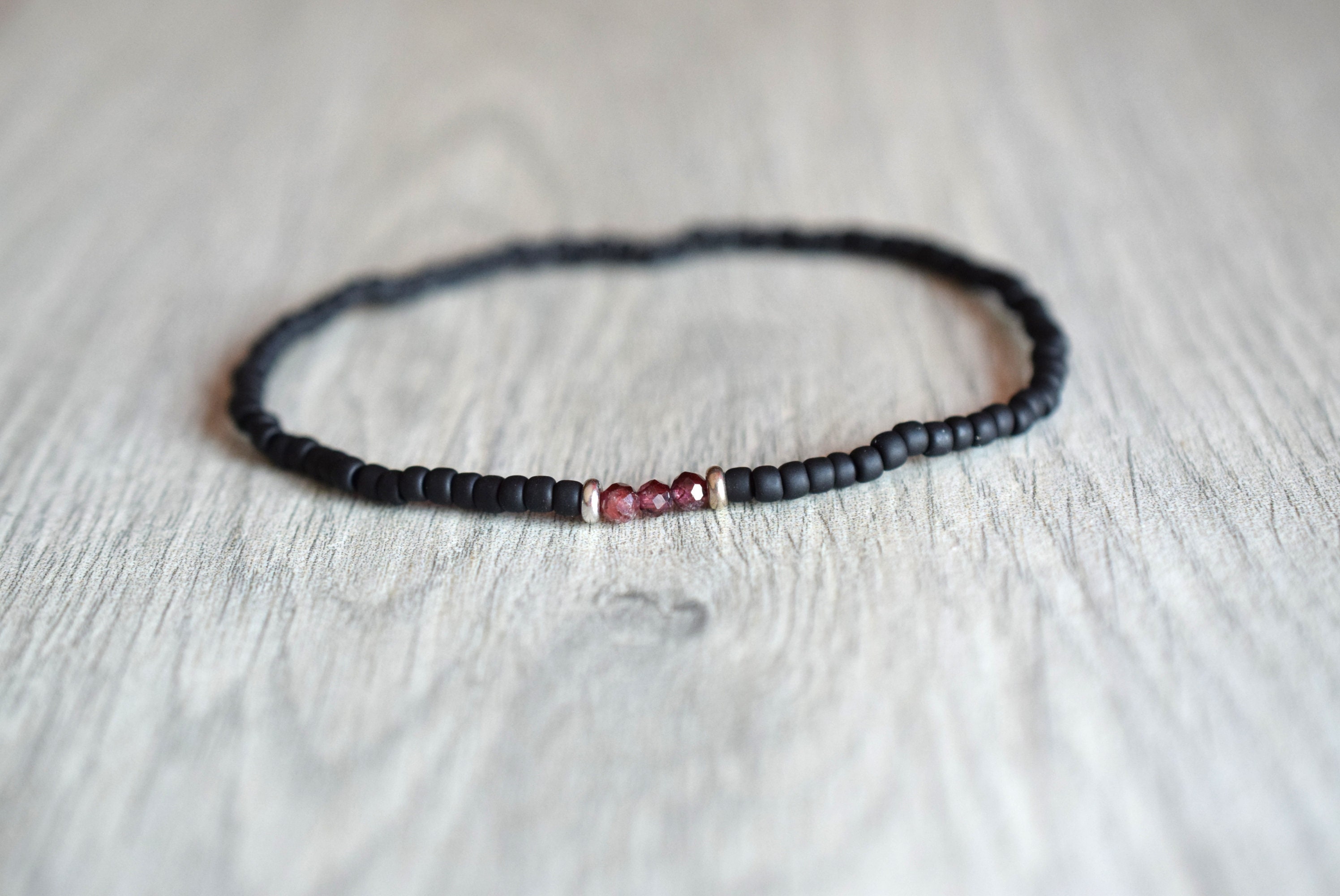 Mens thin bead bracelet mens black beaded bracelet with real