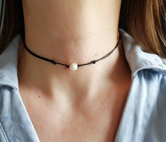 Pearl Choker Necklace Black Cord Pearl 