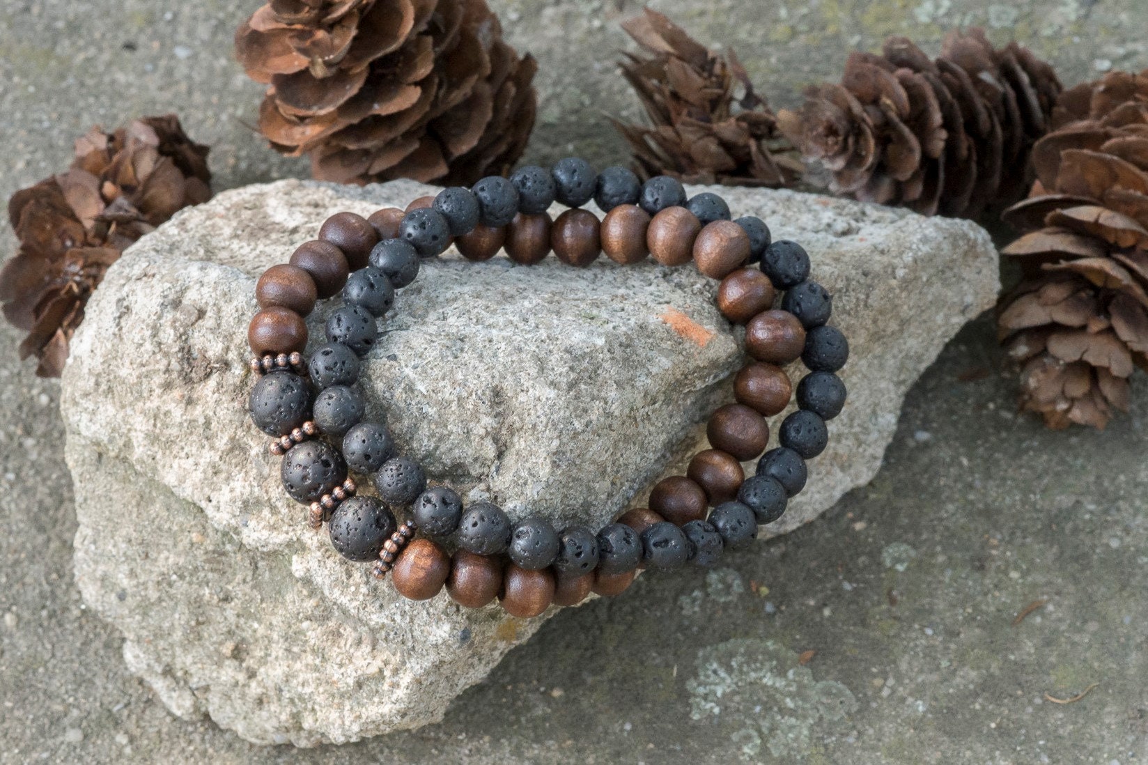 Mens bead bracelets set, wood bead bracelet, lava bracelet, gift for him