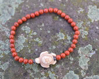 Red jasper bracelet, red jasper jewelry, red bead bracelet with turtle charm