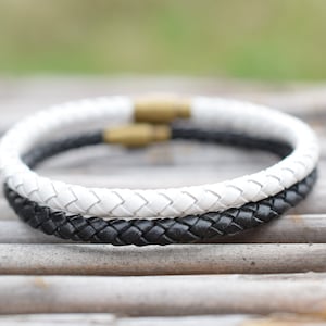 White or black leather bracelet men leather bracelet with brass closure men wristband leather image 1