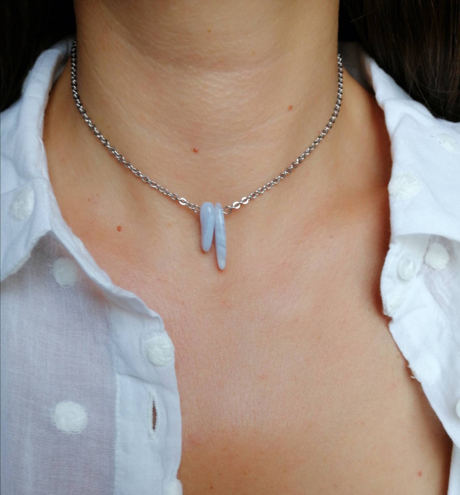 Blue Lace Agate Necklace Steel Chain Necklace Agate Jewelry