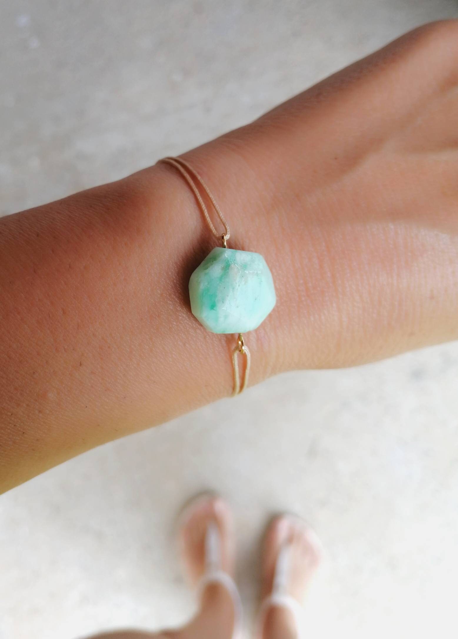 Green jade bracelet on beige cord, jade jewelry, lucky jade crystal