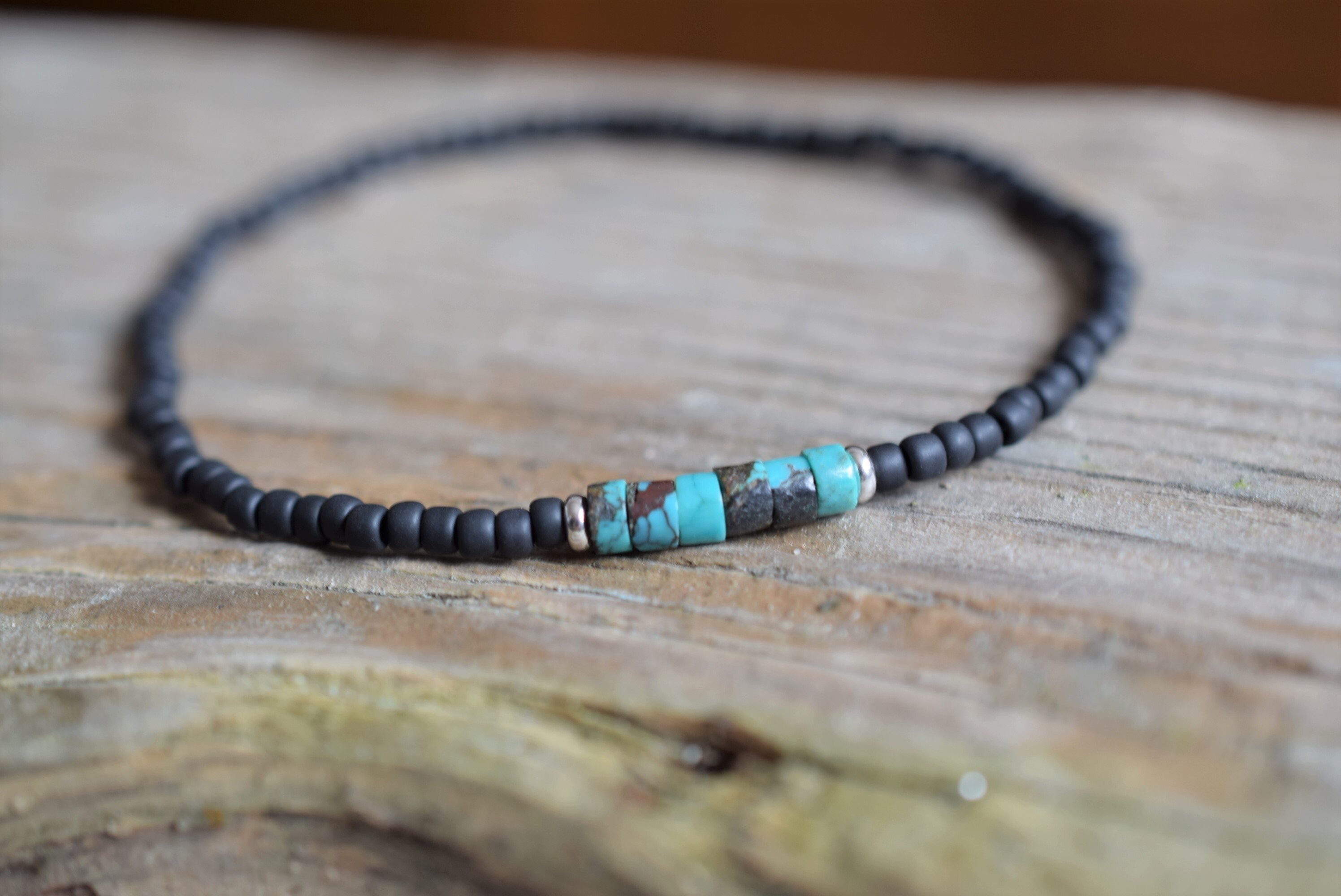 Men's thin bead bracelet black seed bead bracelet turquoise birthstone
