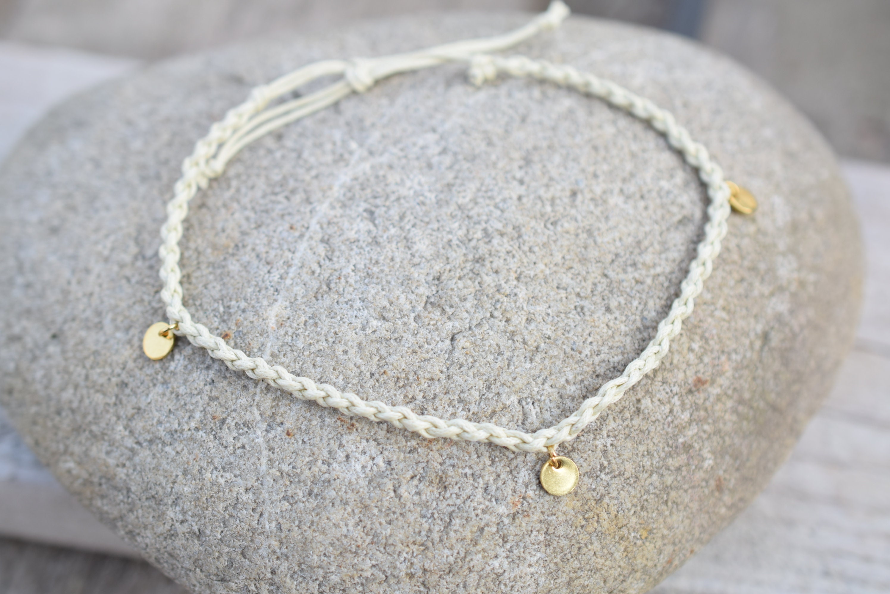 Gold coin anklet, tie on rope anklet, braided beach anklet, gypsy jewelry