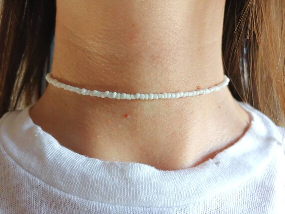 Ultra Thin Beaded Choker Tiny White 