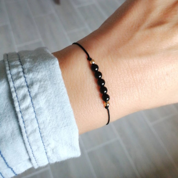 Tiny black tourmaline bracelet, black string bracelet, black tourmaline jewelry