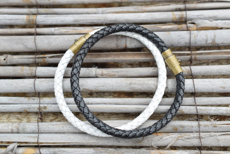 White or black leather bracelet men leather bracelet with brass closure men wristband leather image 6