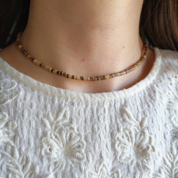 Effen kokosnoot choker ketting, kleine houten ketting, kralen choker ketting