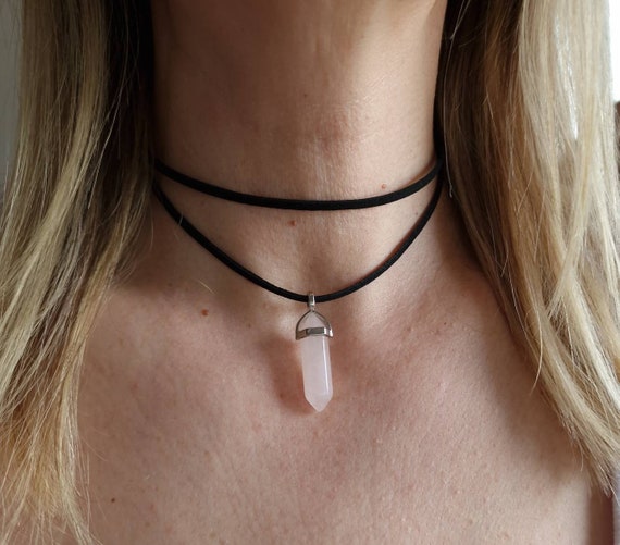 Rose quartz choker black choker crystal pendant necklace gift for woman
