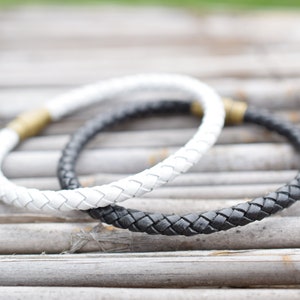 White or black leather bracelet men leather bracelet with brass closure men wristband leather image 2