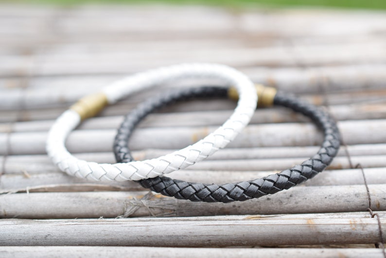 White or black leather bracelet men leather bracelet with brass closure men wristband leather image 2